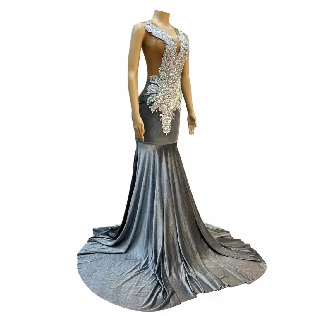 Sexy escenario lujoso gris plata diamantes de imitación vestido de tren grande noche cumpleaños celebrar disfraz Sexy sin mangas vestido para sesión de fotos