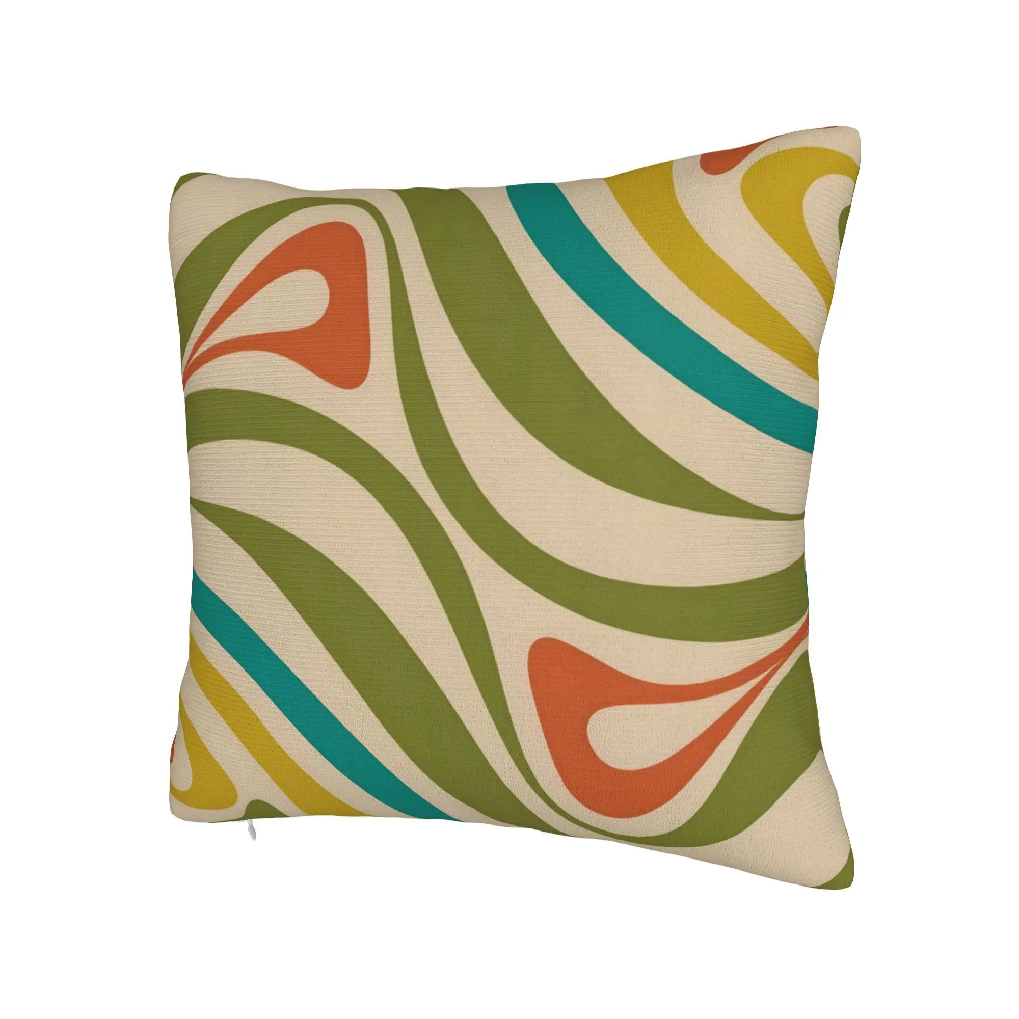 New Groove Retro Swirl Abstract in Mid Century Modern Olive Green, Teal, Mustard, Orange on Beige Living Room Sofa Cushion - Ins Style Bedroom Bedside Pillow Cover - Double Sided Print
