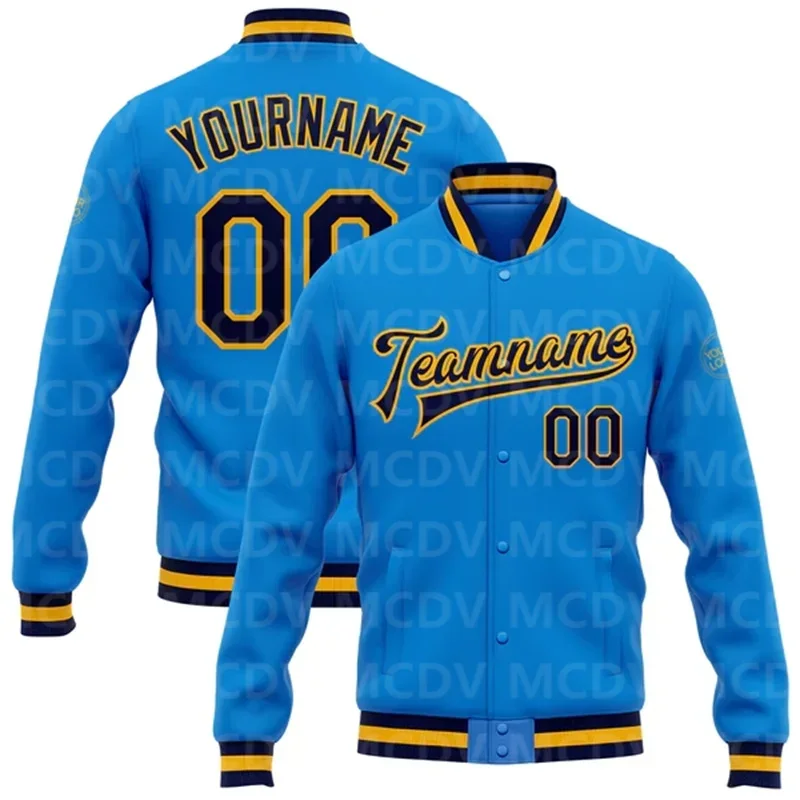 Custom Electric Blue Navy-Gold Bomber Full-Snap Varsity Letterman Jacket