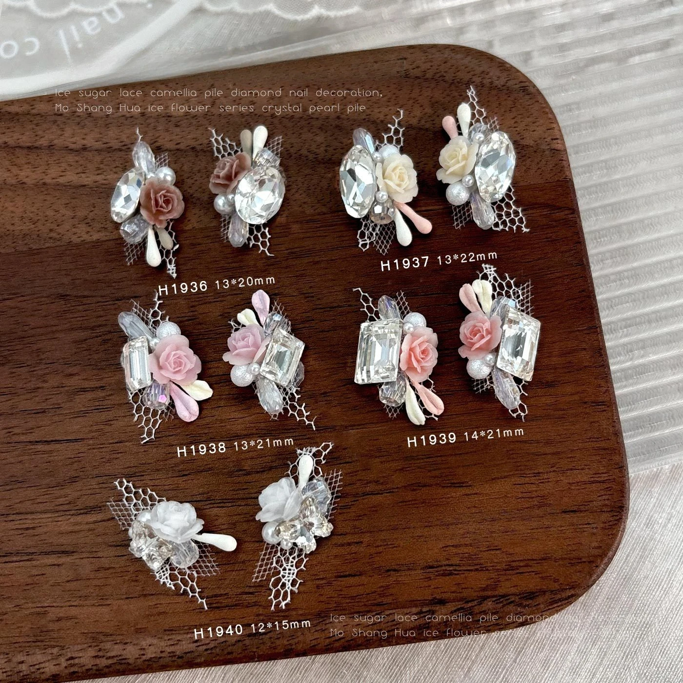 2Pcs Lace Camellia Stack Nail Charms, premium rock sugar pigeon egg handmade crystal beads large gems for elegant manicure decor