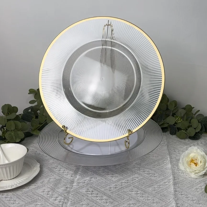 Clear Charger Plates 13 Inch Plastic Round Dinner Plate with Gold Rim Dinner Table Decorative Plate for Wedding Birthday Brida