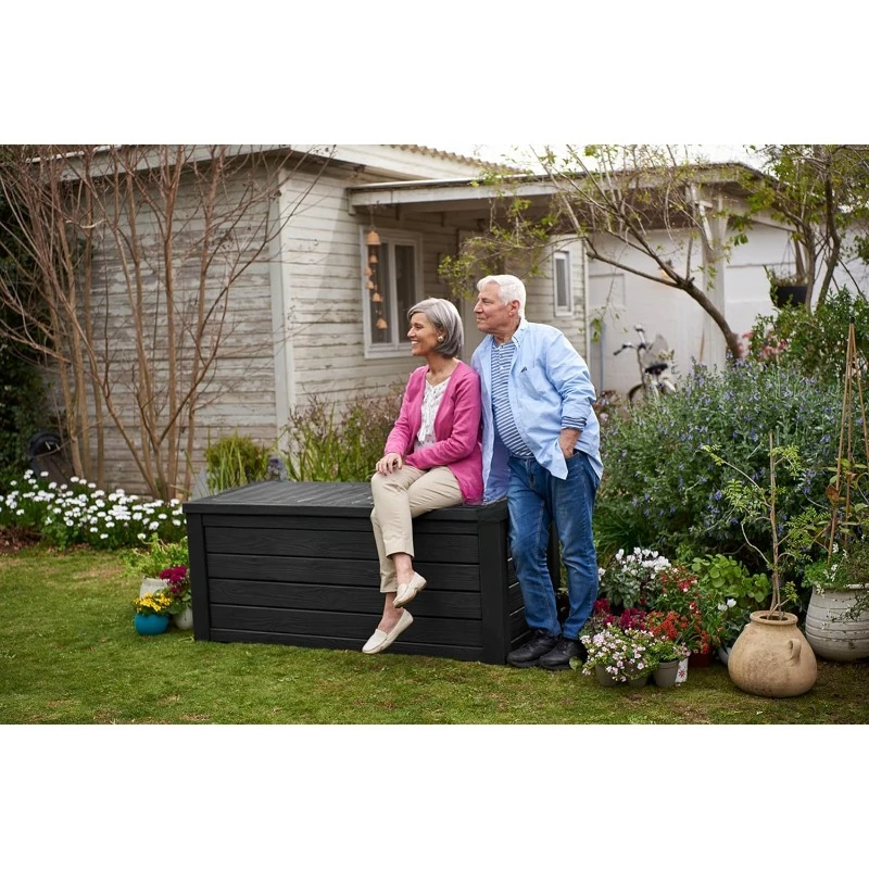 Outdoor Storage Deck Box, 150 Gallon Resin Patio Bin & Bench, Solid, Dark Grey