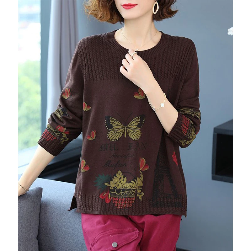 Women Korean Fashion Butterfly Print Vintage Basic Knitted Sweater Autumn Casual O Neck Long Sleeve Loose Pullover Tops Jumpers