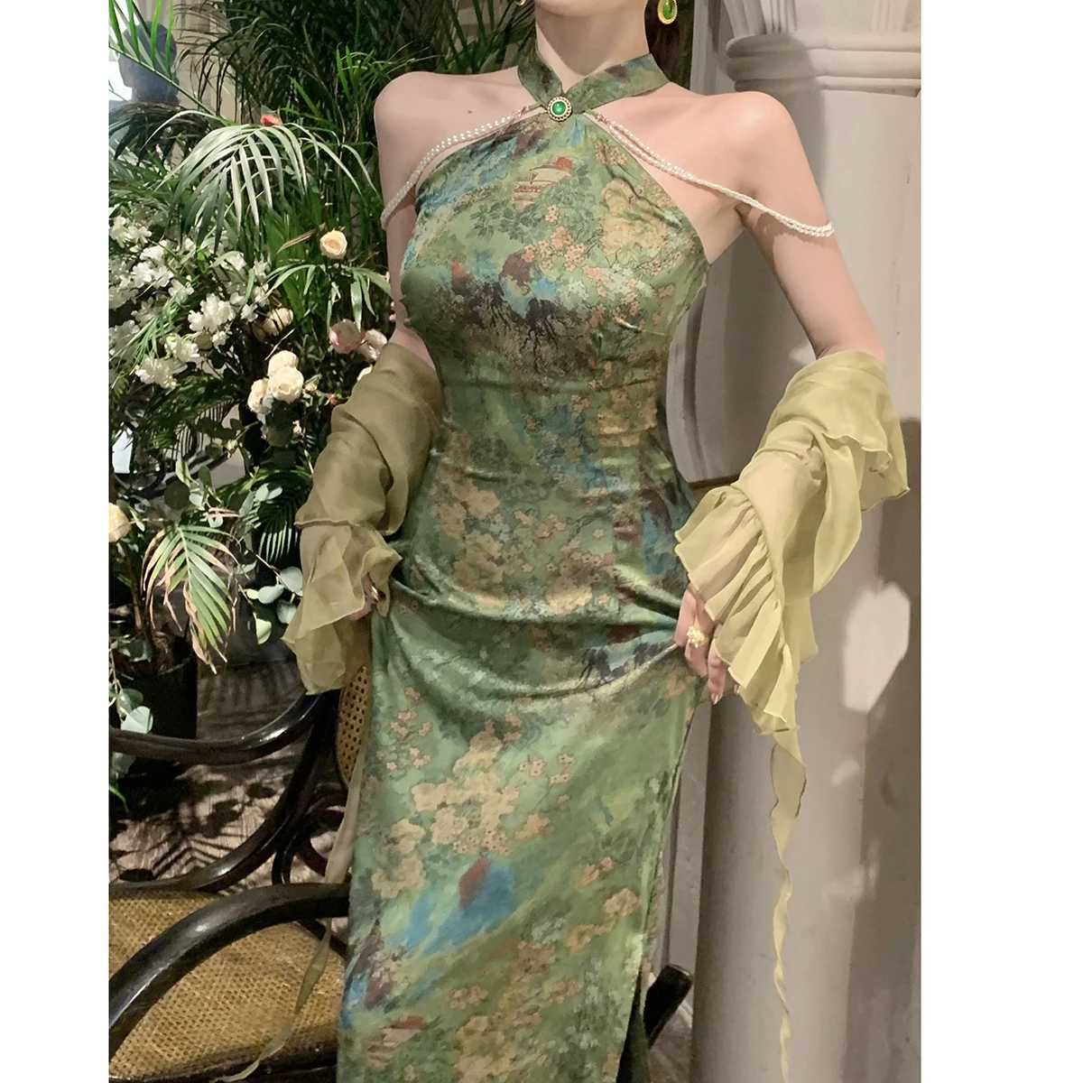 Sexy Improved Chinese Dress Women Off Shoulder Cheongsams New Chinese Style Qipao Long Female Vestidos Vintage Green Dresses