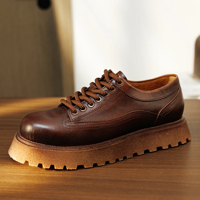 

New Handmade Men's Leather Shoes Retro Low-top Genuine Leather Work Shoes Round Toe Thick Sole Casual Shoes
