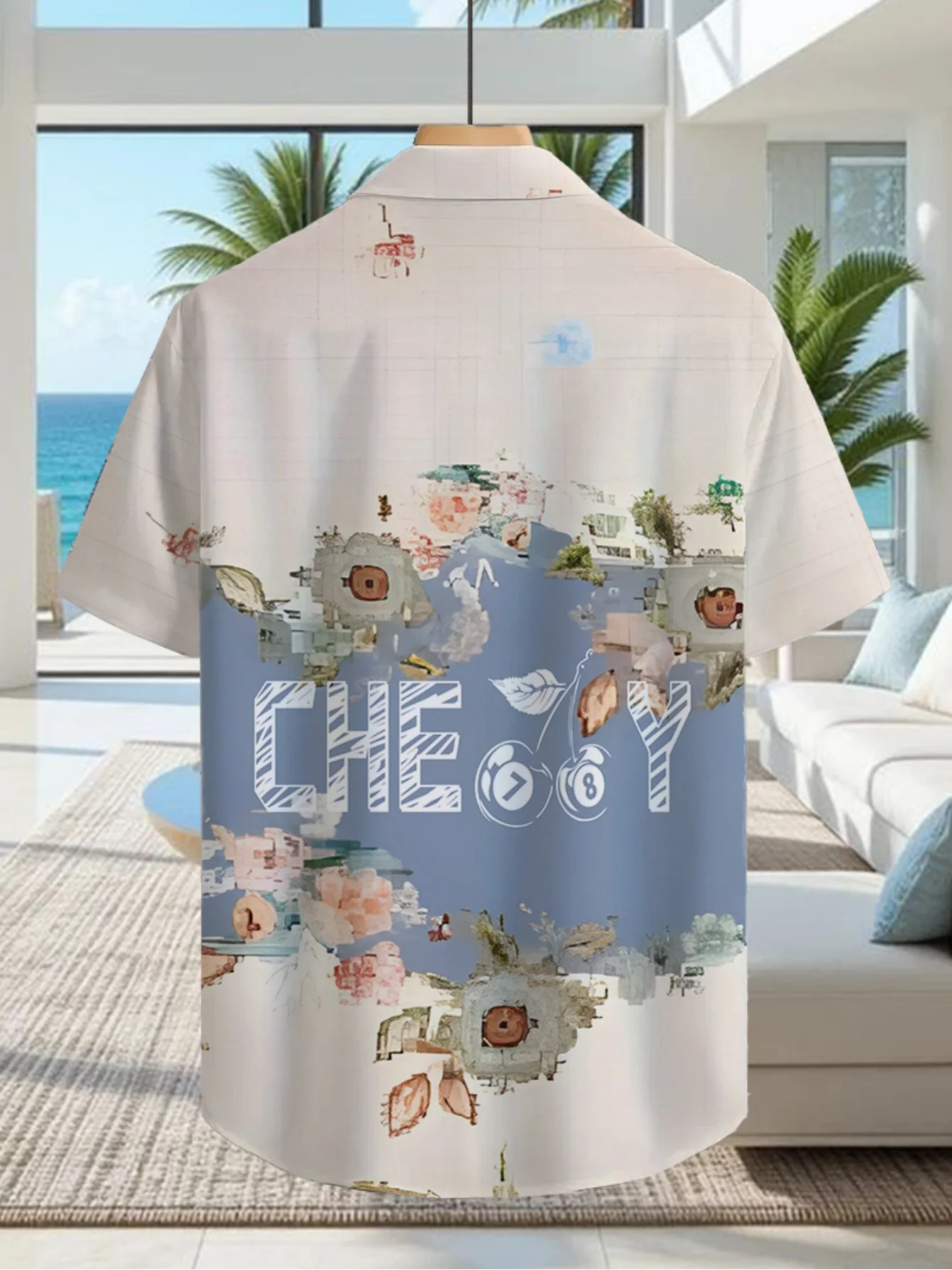 Men Short Sleeve Shirt Watercolor Floral Landscape Print Turn‑Down Collar Button‑Up Summer Top