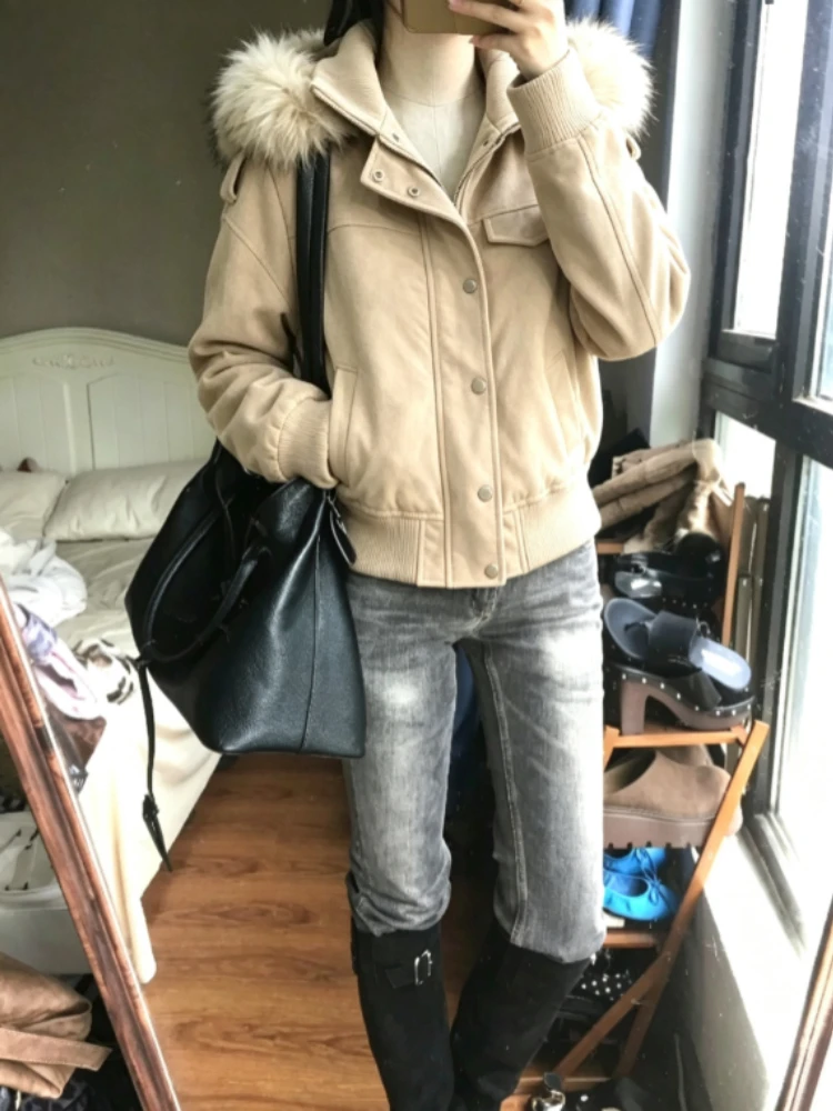 Korean Fashion Women Faux Fur Parka Outer Tops 2026 Autumn Y2K American Vintage Cotton Padded Warm Casual Daily Overcoat Jackets