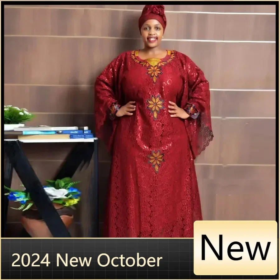 

Plus Size African Clothes for Women 2024 New Dashiki Ankara Embroidery Bazin Riche Design Wedding Party Dresses with Headscarf