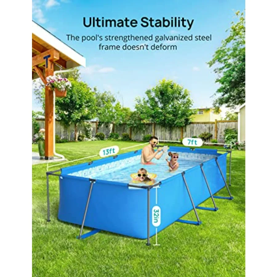 Outdoor rectangular above-ground swimming pool for backyard, garden, lawn; metal frame with steel construction, heavy-duty PVC