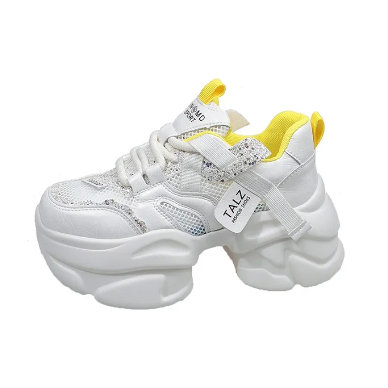 

НОВАЯ летняя блестящая повседневная обувь на высокой платформе, женские вулканизированные кроссовки на танкетке 8 см, женские кроссовки с дышащей сеткой, спортивная обувь для папы