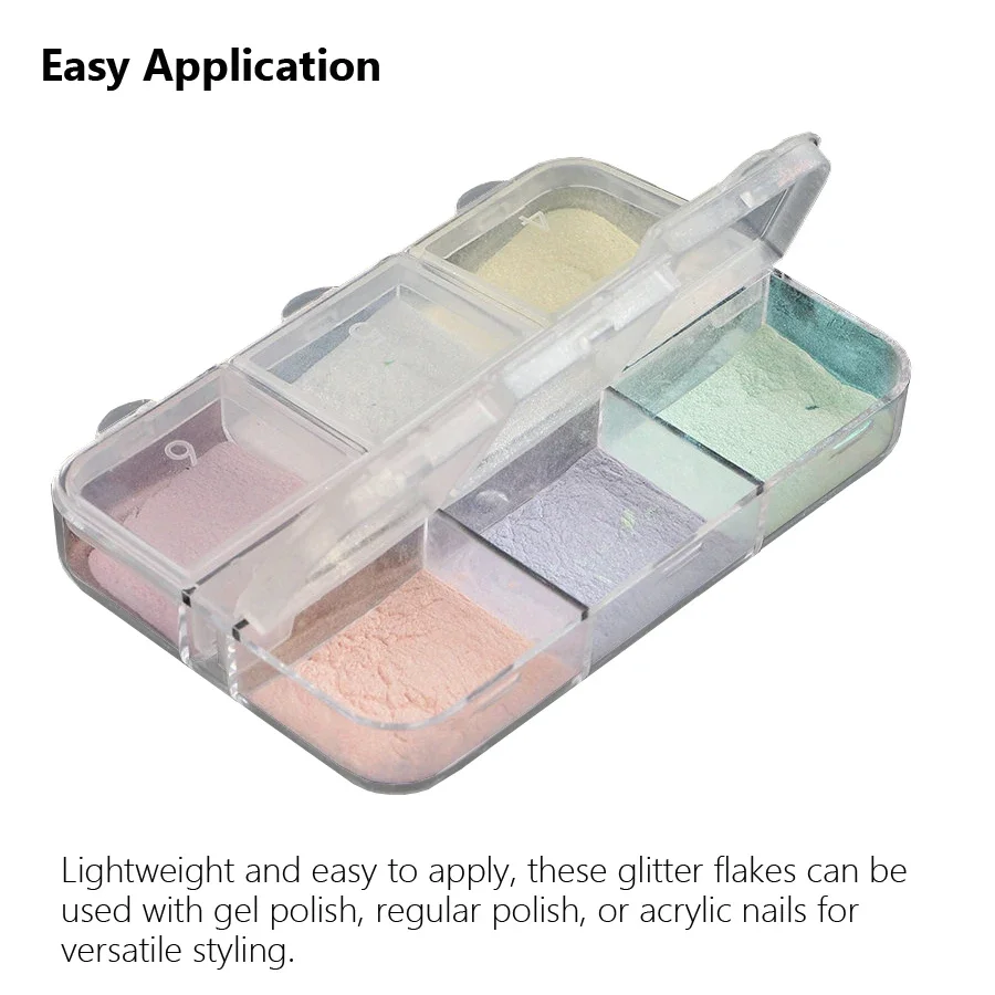 6 rejillas de purpurina para uñas, polvo de espejo Aurora, pigmento de escamas nacaradas, abalorio brillante para manicura de diseño de uñas