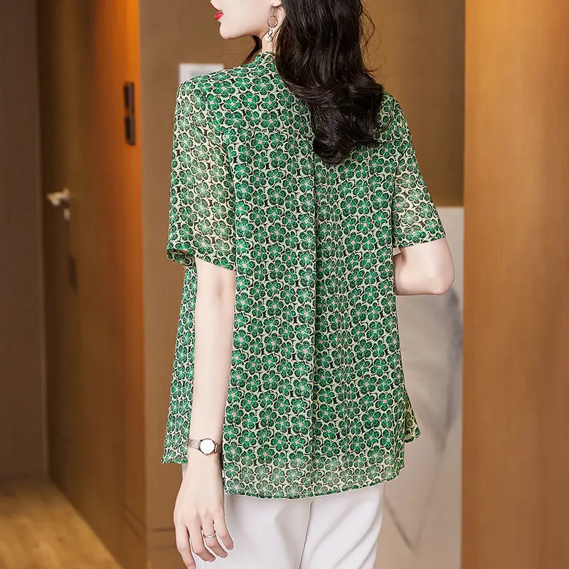 Frauen Sommer Rüschen Blumen gedruckt elegante Blusen koreanische Mode V-Ausschnitt Kurzarm dünne Chiffon-Shirts schicke süße lässige Tops