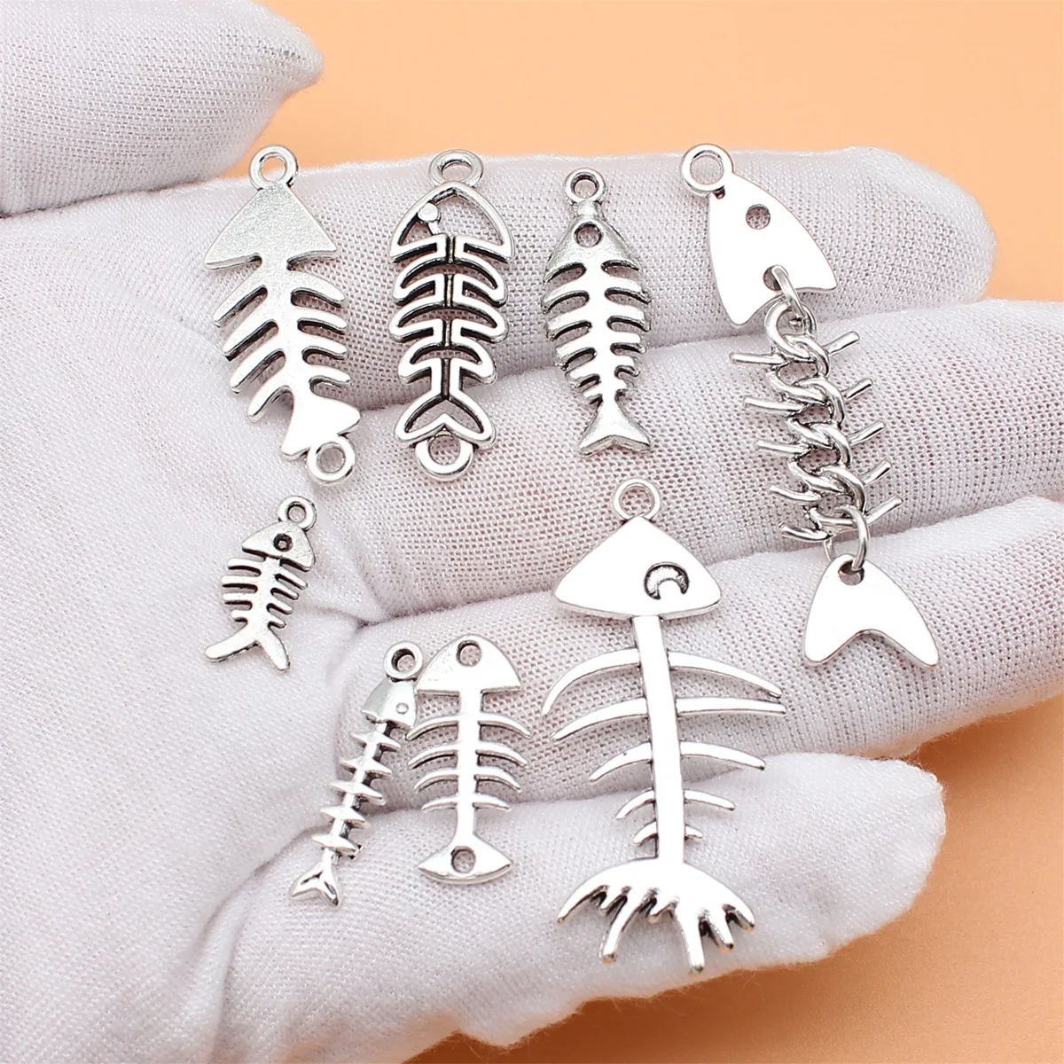 8pcs Antique Silver Color Fish Bones Charms Collection For DIY Jewelry Making, 8 Styles, 1 of Each