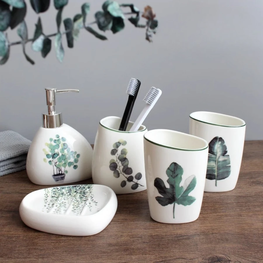 

White Ceramic Bathroom Accessory Set Washing Tools Soap Dispenser Mouthwash Cup Lotion Bottle Toothbrush Holder Storage Tray