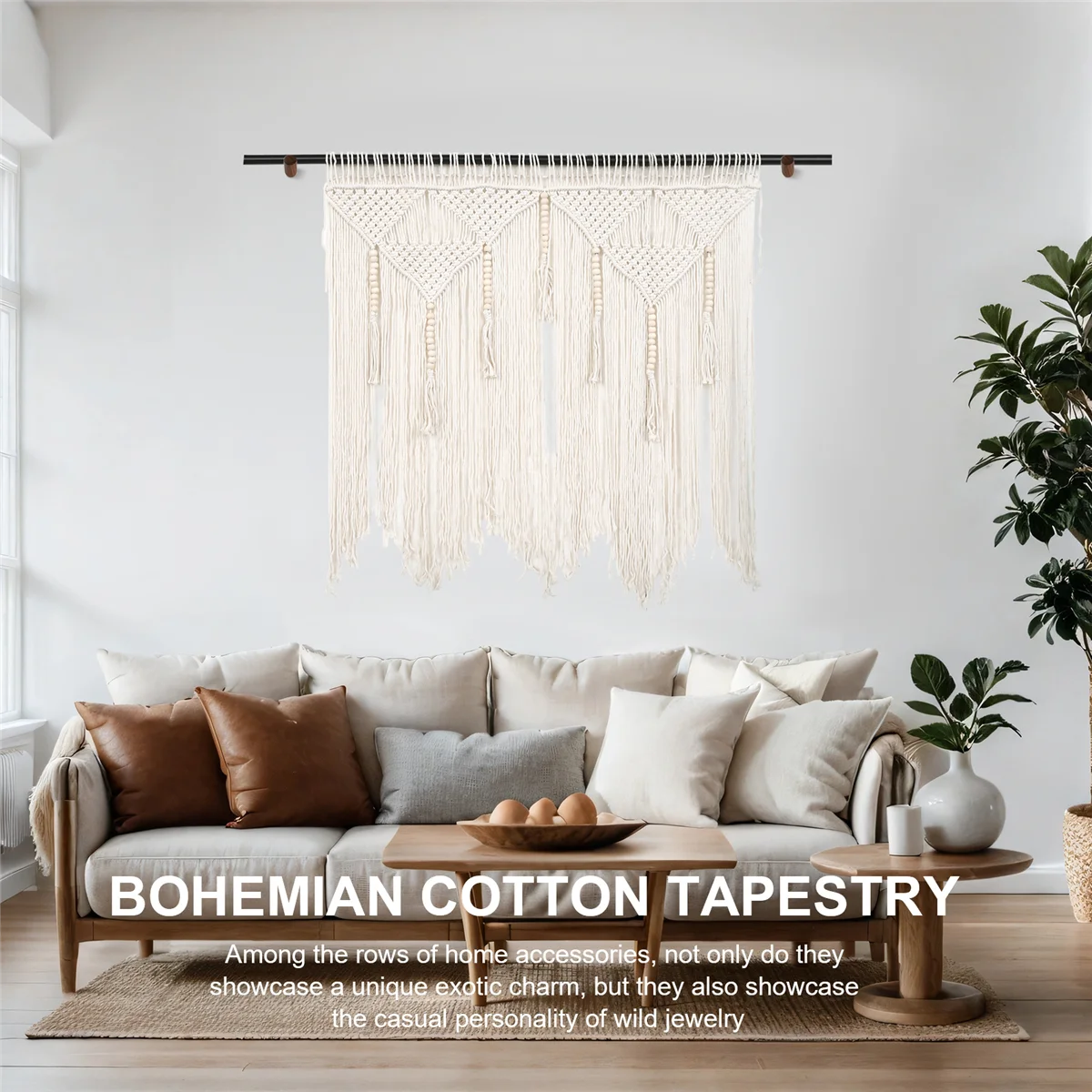 Colgante de pared de macramé tejido a mano, cuerda de algodón Bohemia, tapiz bohemio, decoración del hogar, blanco cremoso