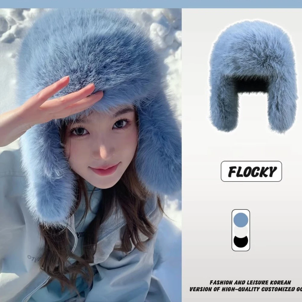 

HT4567 Fluffy Fur Hat Women White Black Blue Russian Hat Thick Warm Ski Earflap Cap Female Ushanka Winter Hat Ladies Russian Cap