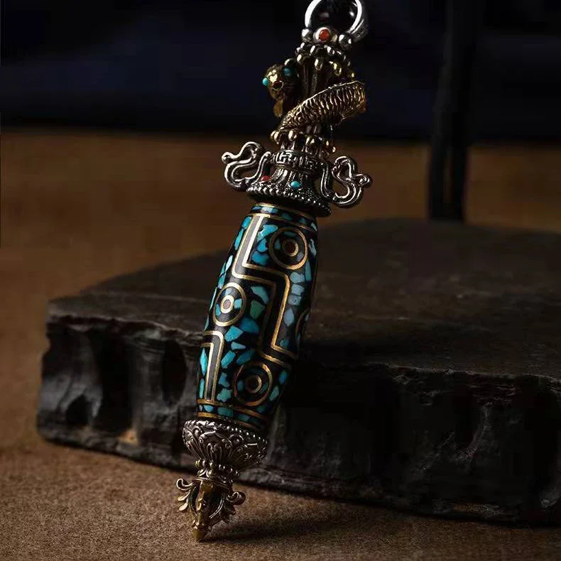 QN Silver Color National Tide Retro Buddhist Vajra Dzi Pendant Men's Necklace Personality Trendy Gift  Fashion Jewelry