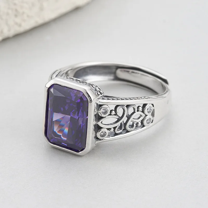 S925 Sterling Silver Charms Ring for Women Men Retro Eternal Rattan Inlaid Square Amethyst Fashion Luxury Jewelry Wholesale