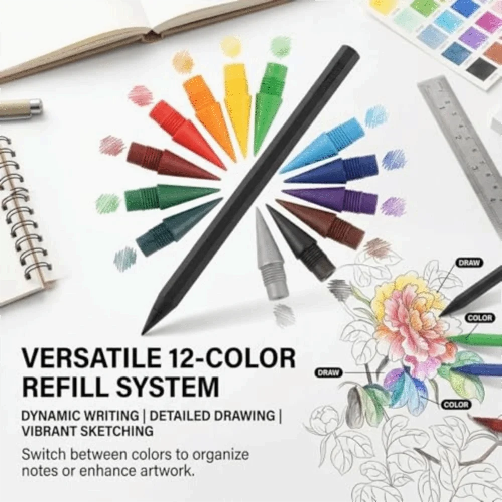 Metal Alloy Forever Pencil Reusable Smooth Friction No Ink Pencil with 12 Colored Refill Tips Sketching and Writing