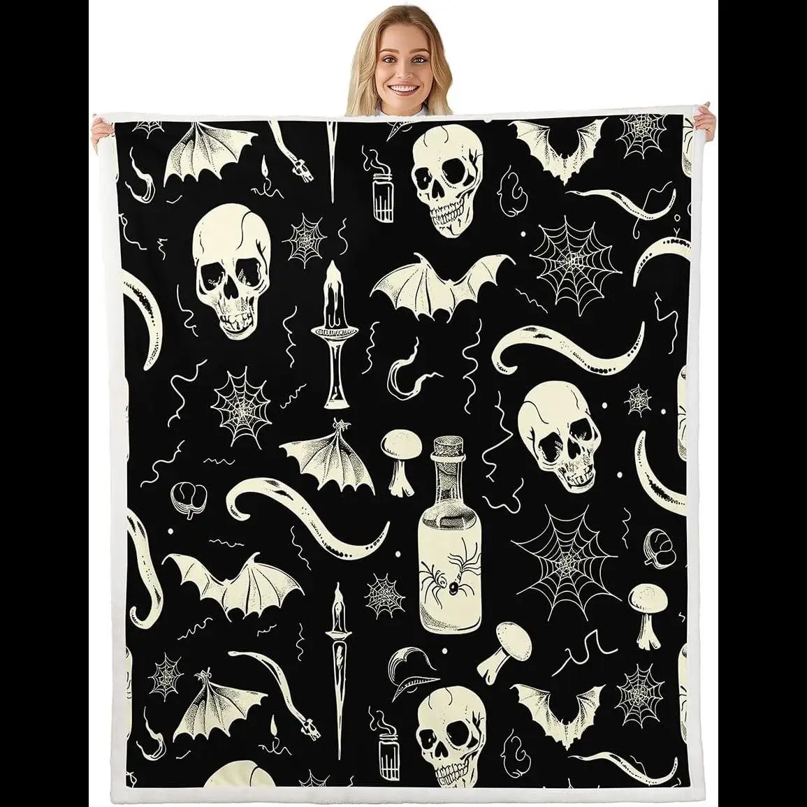 Gruselige Totenkopf-Überwurfdecke mit Sherpa-Fleece, Halloween-Thema, Fledermäuse, Skelett-Druck für Bett, Sofa, Couch, Horror, Spinne, Flanell, flauschig