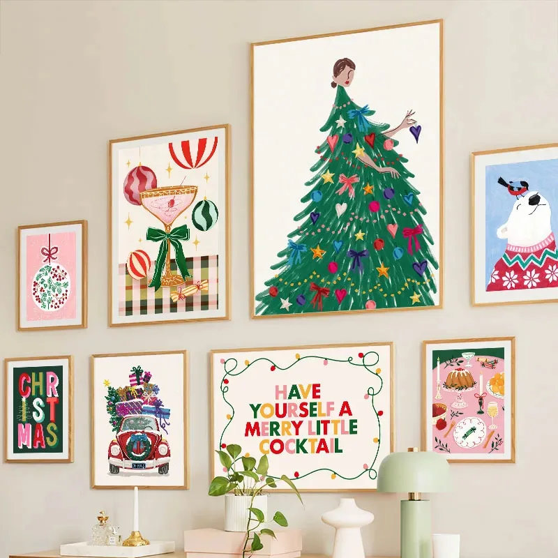 Christmas Tree Girl Santa Claus Car Gift Party Posters Prints Canvas Painting Nordic Wall Art Picture For Living Room Home De