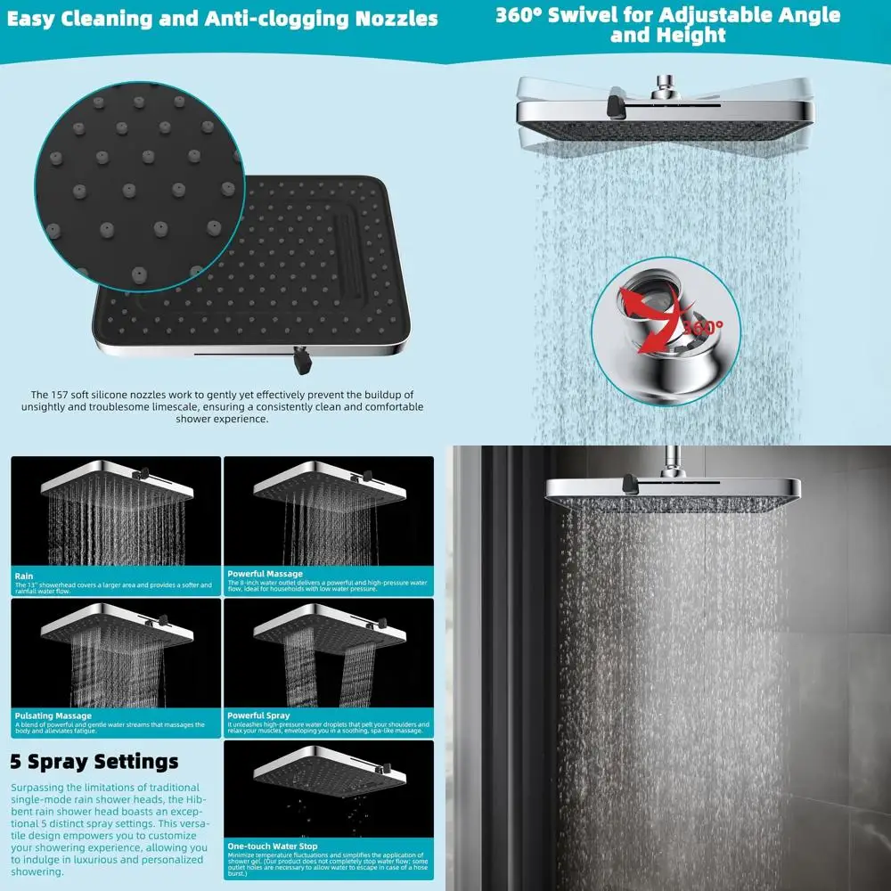 رأس دش عالي الضغط مقاس 13 بوصة مع 5 أوضاع، رأس دش ثابت كبير من الكروم للحمام، وصلة دوارة قابلة للتعديل #1