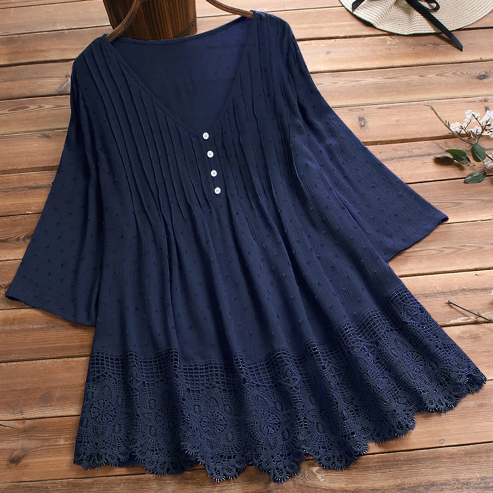 Women Tops And Blouses Spring Summer Cotton Lace Blouse Crochet Lace Blouses Shirt Women 3/4 Sleeve V Neck Loose Tops Plus Size