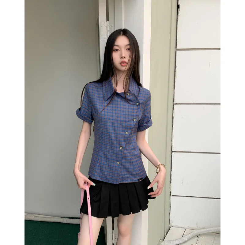 T Shirt For Women Blue Shirt Lattice Personalized Trend Fashion Thin Style Chic Summer NEW Female Clothing Short Sleeve Tops