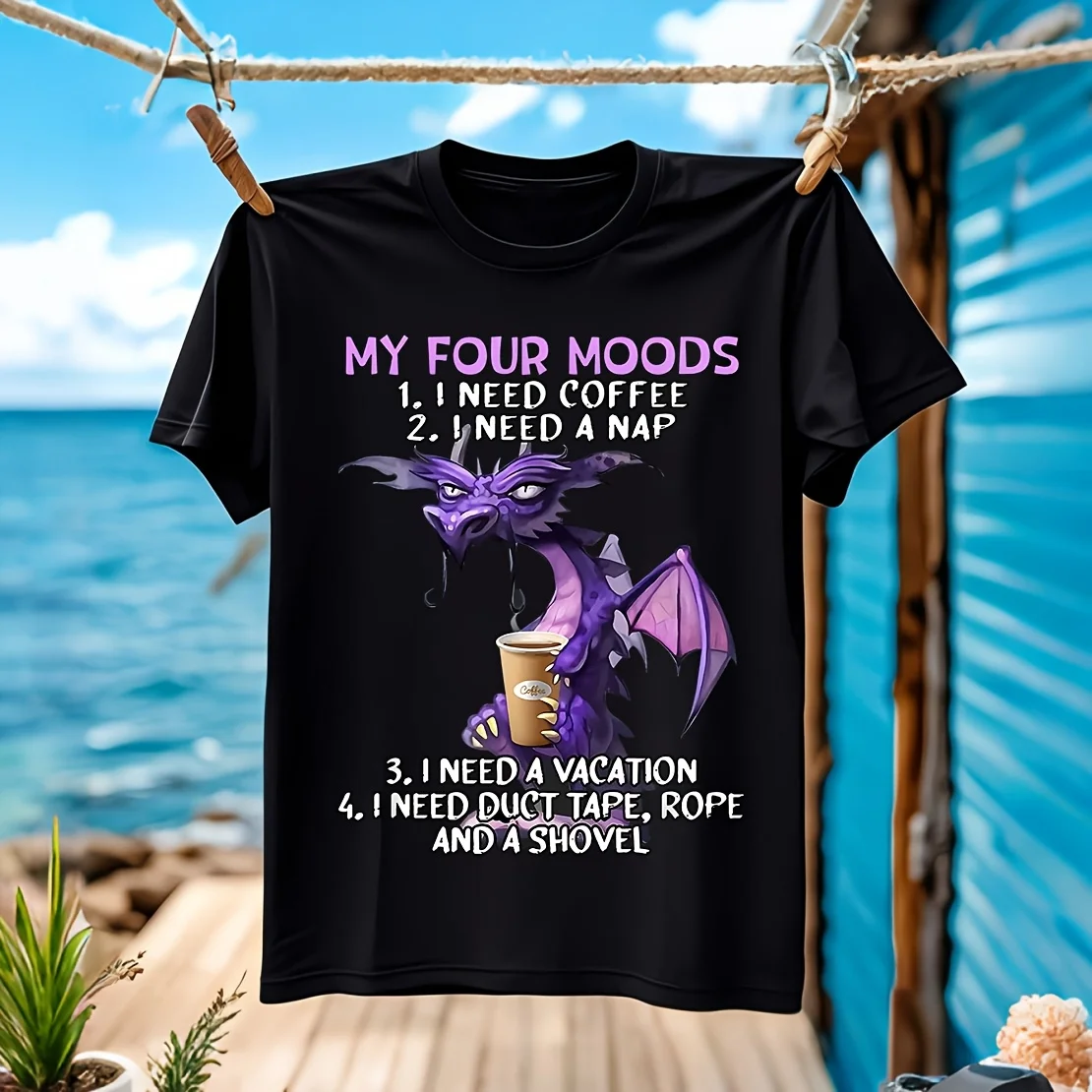 

My Four Moods, Dragon Coffee Lover, Coffee Quotes, Humorous Dragon Design Men's T-shirt 100% Cotton Casual Breathable Confortabl