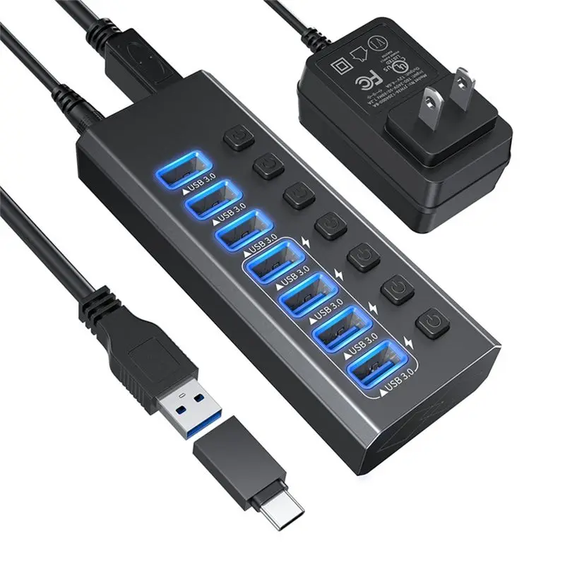 

USB-концентратор 3.0 с питанием, 7-портовый USB-хаб, разветвитель данных и блок питания USB, для ноутбуков и принтеров, вилка стандарта США