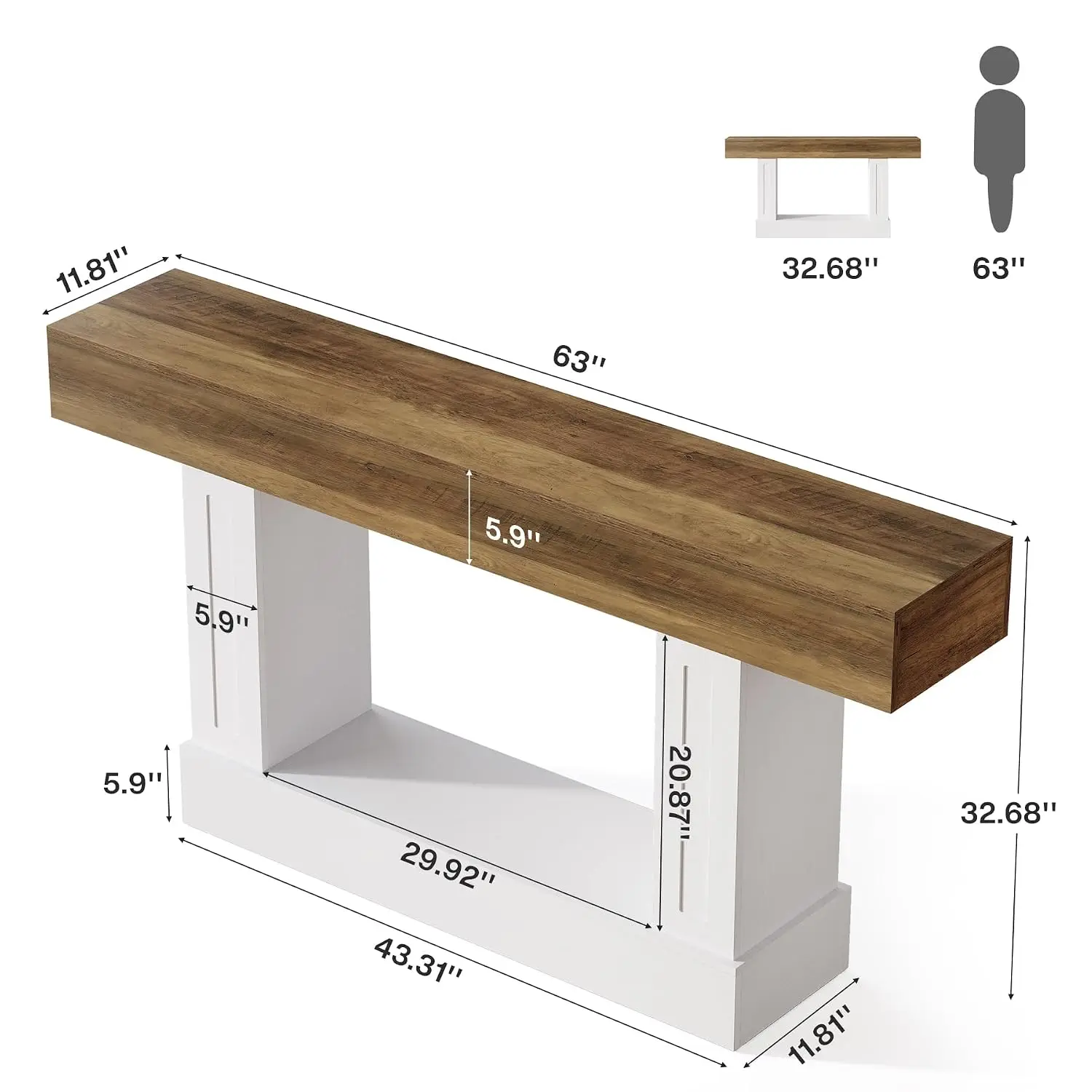 63-Inch Long Console Table for Entryway | Farmhouse 2-Tier Sofa Table Behind Couch for Living Room, Wooden Entry, Customized