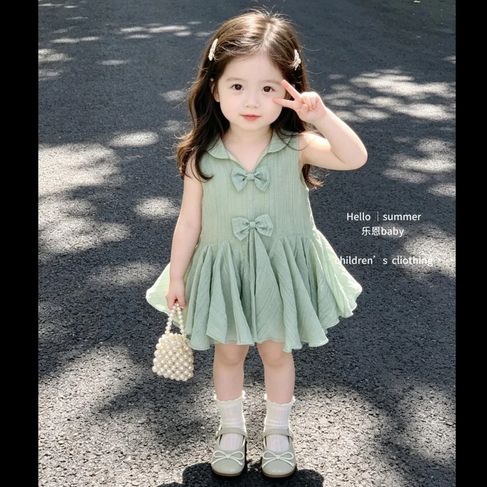 2026 Summer Girls Sweet Fresh Dress, Mint Green Bow Sleeveless Tank Dress  for 73-130cm