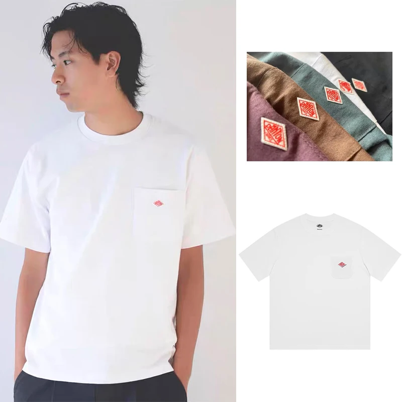 Spring Summer Men Women's Pure Cotton Embroidery T-Shirt Short Sleeve Tees Simple Solid Pocket Fashion Brand Japan style