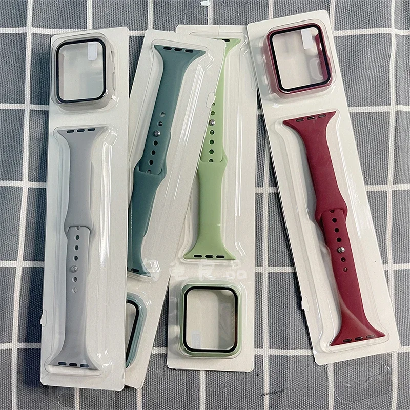 Glass+Case+Slim Strap For Apple Watch band 44mm 40mm 45mm 41mm 38mm 42mm Silicone watchband bracelet iWatch series 4 5 6 se 7 8