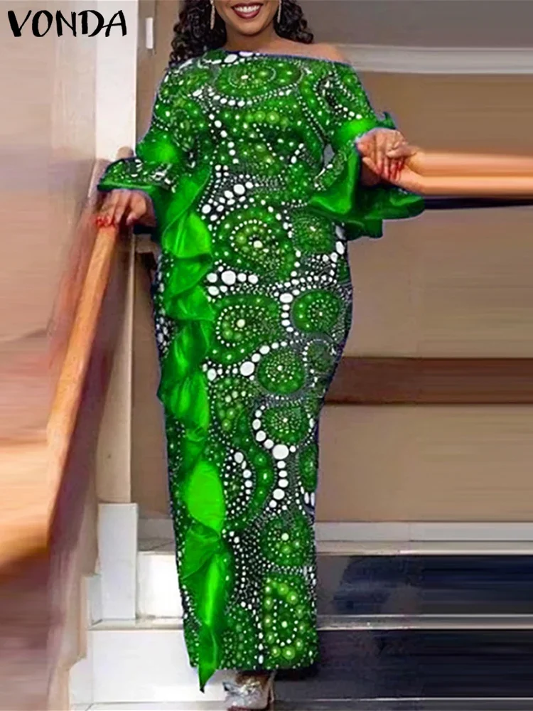 

VONDA Off Sholuder Ruffled Dress Women Bohemian Printed Maxi Vestidos 2025 Casual Loose Floor-Length Robe Oversized