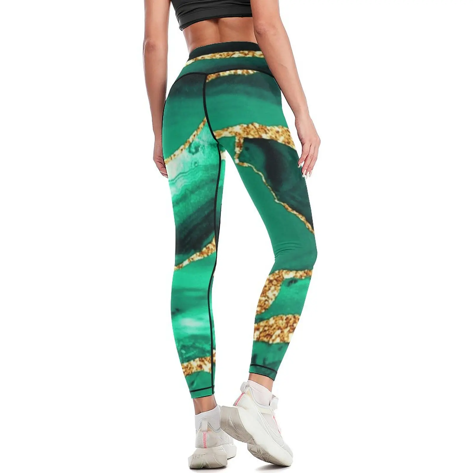 Emerald Green Malachite Faux Marble With Gold Glitter A -Line Dres Leggings Legging sport sportswear gym Womens Leggings