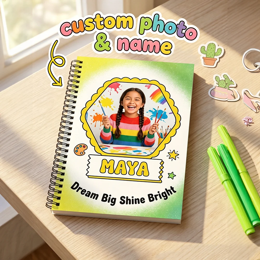Custom Name Photo Notebook,Personalized Children Notepad,Lined Paper,Creative Paint Splash Design,Holiday Gift,School Opening