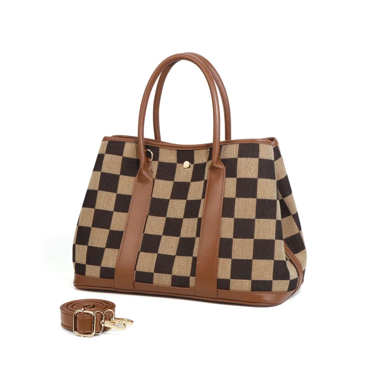 Checkered Canvas Garden Tote Bag Women's Commuter Crossbody Purse