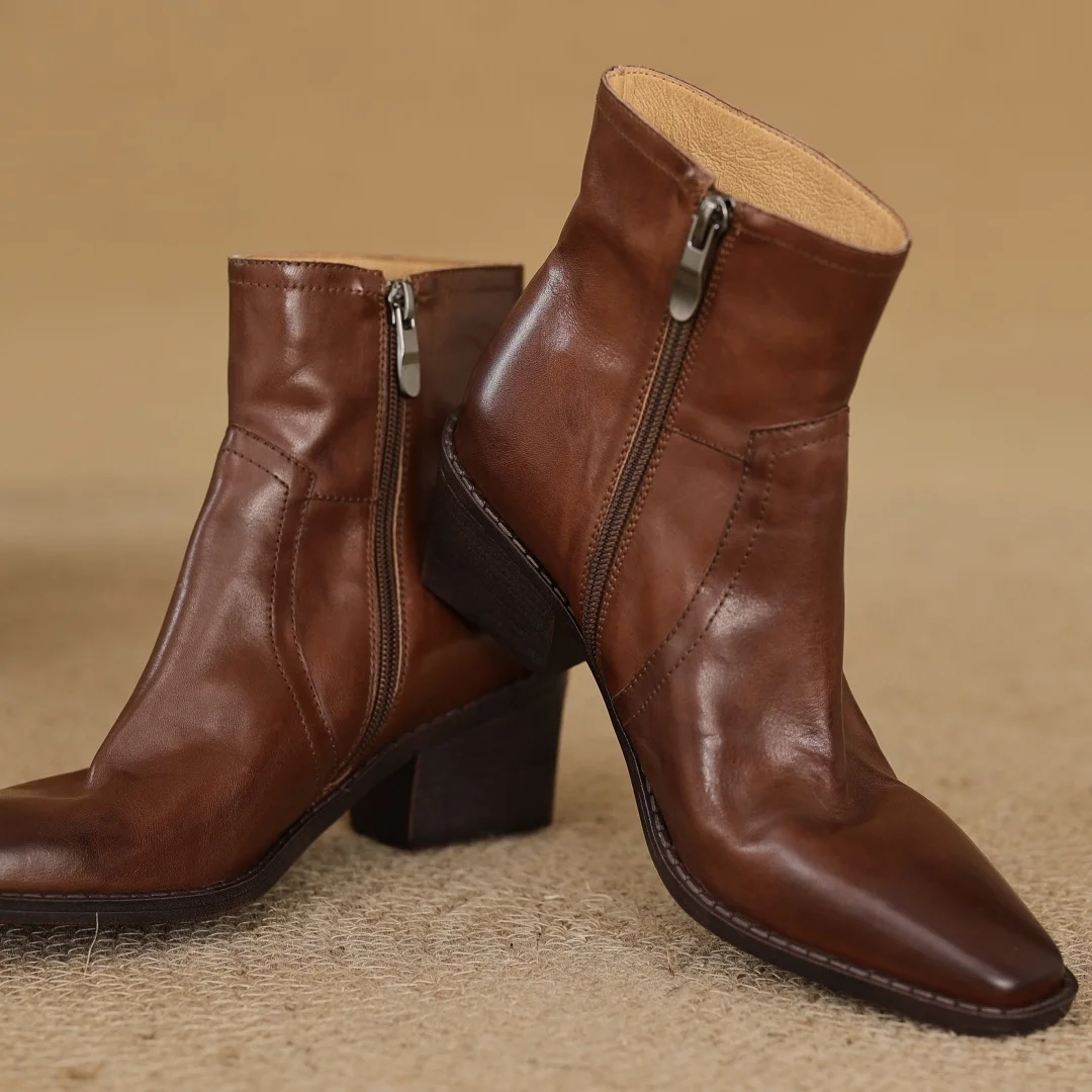 

Women's cow leather square toe side zip autumn ankle boots 5.5cm thick med heel high quality soft comfortable casual short boots