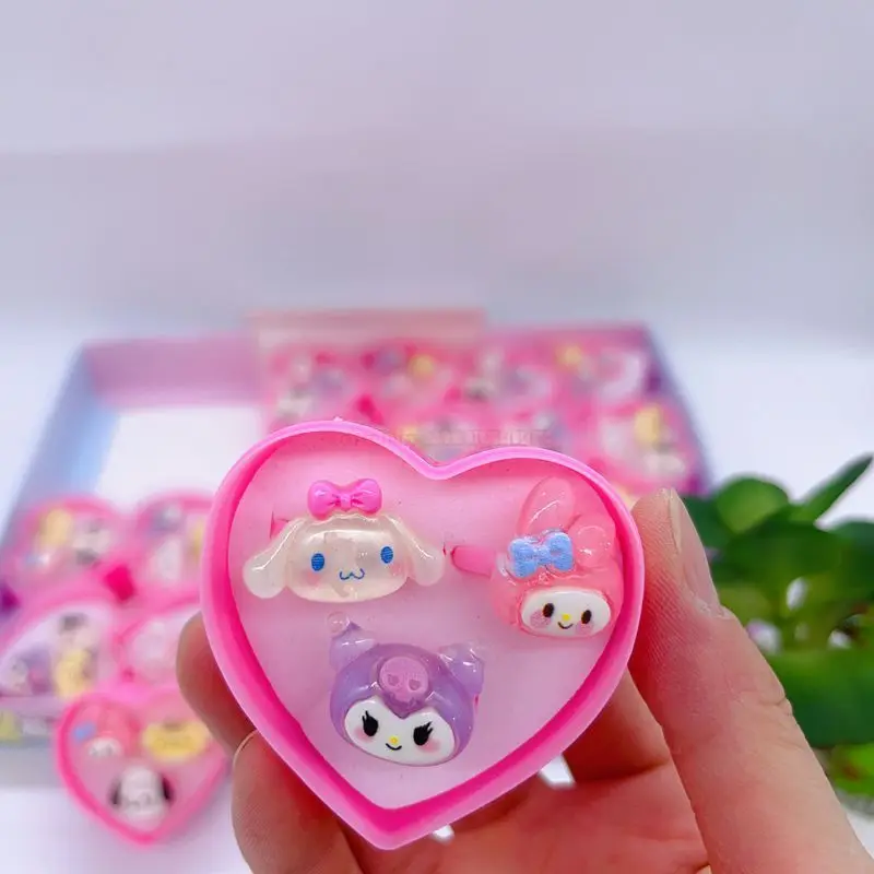 24 Sets Of Cartoon Cinnamoroll My Melody Kuromi Resin Ring Children\'s Creative Love Box Cute Ring Girl Trinkets Children\'s Toys