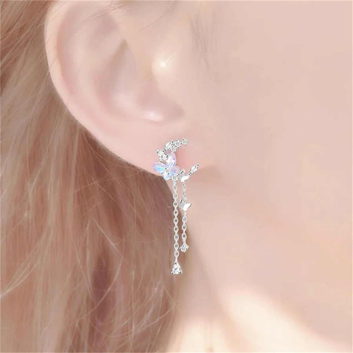 Koreanische Exquisite Planet Mond Schmetterling Quaste Ohrringe für Frauen Funkelnden Kristall Asymmetrische Tropfen Ohrringe Mädchen Partei Schmuck – Detail 3