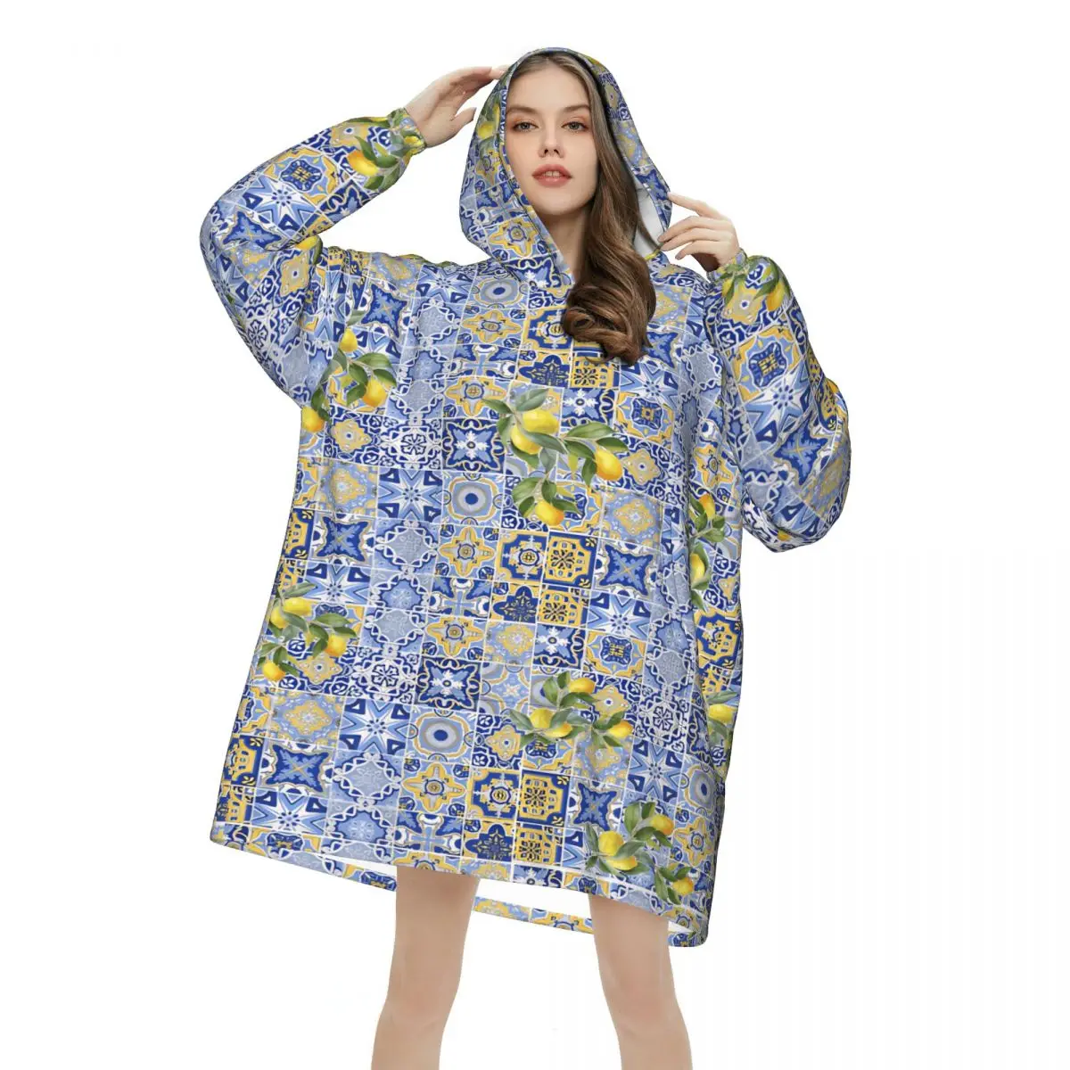 Lemon Sicily Rectangle Wearable Blanket Hoodie Warm Cozy Oversize Blanket Sweatshirt Thick Fleece Hooded Blanket with Pocket