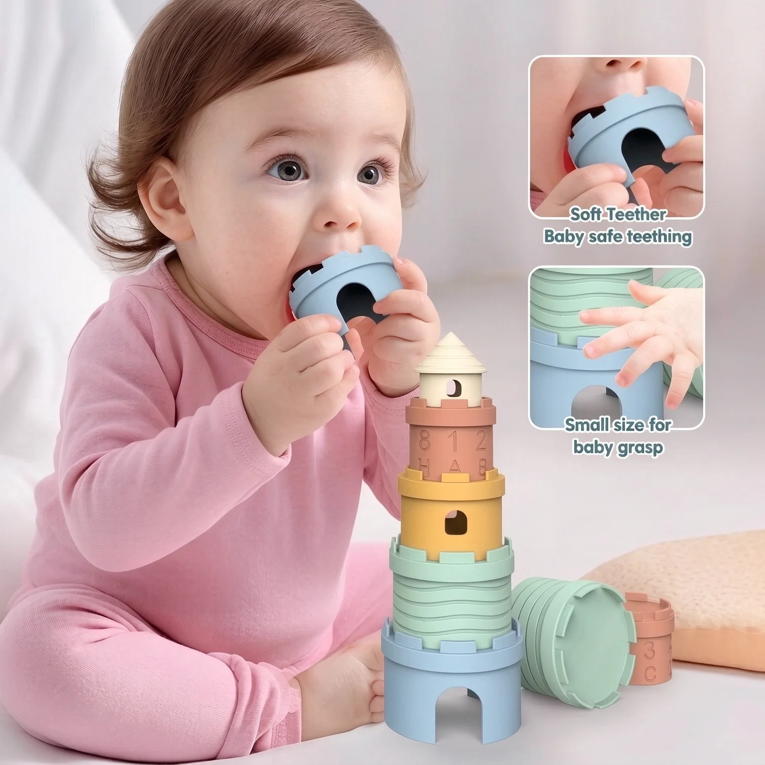 5Pcs Silicone Stacking Cups Teething Toys Set for Babies, Castle Learning Tower for Infants Toddlers Soft Bath Toy 1-3 Years Gif