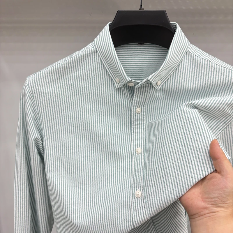 Autumn Men's New Arrival 100% Pure Cotton Long Sleeve T-Shirt Solid Color Vertical Stripes Long Sleeve Shirt Luxury Men's Wear