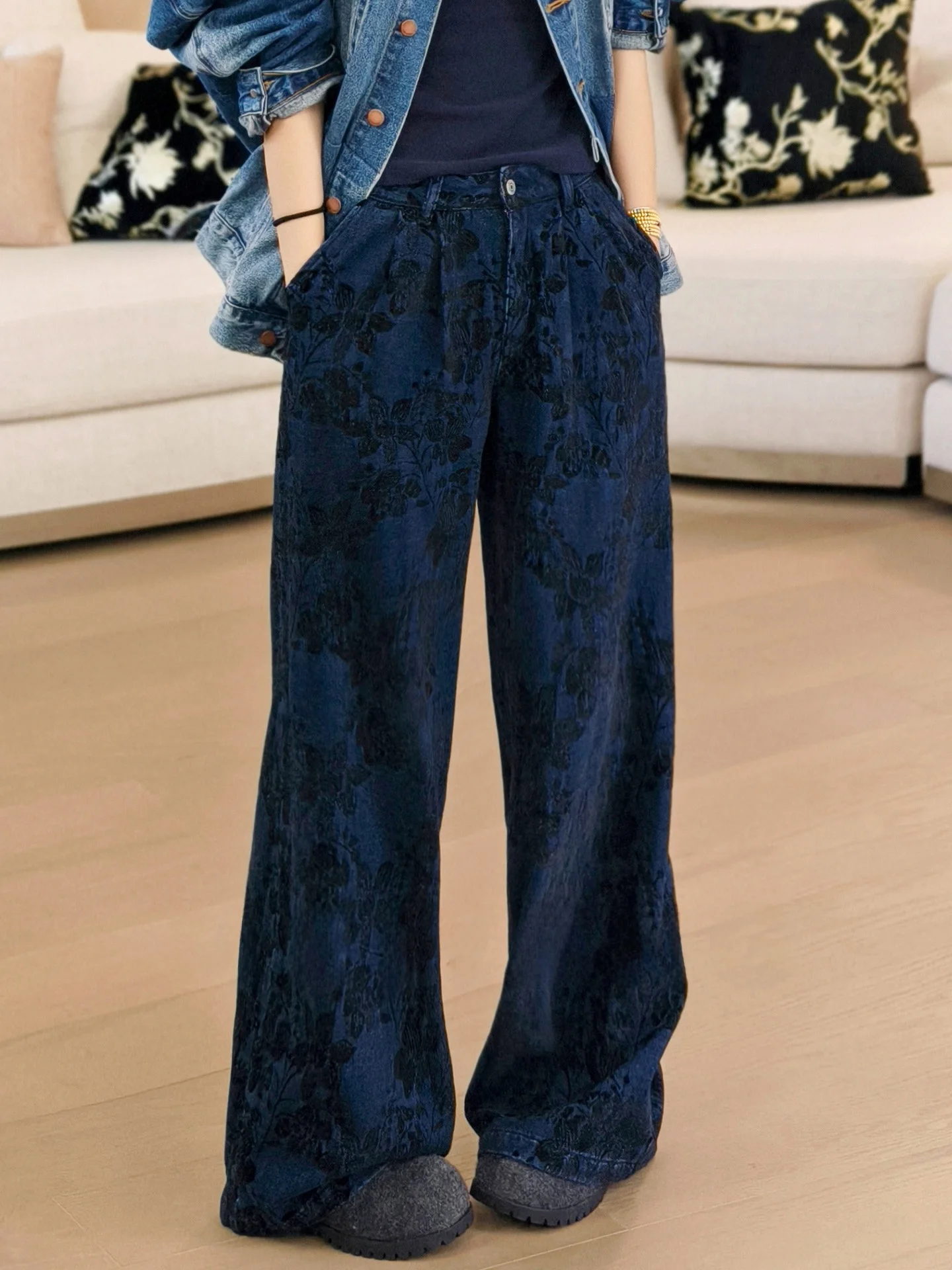 

Повседневные брюки Meiyang №3: широкие джинсовые брюки с 3D-вышивкой цветов, высокой талией, прямым кроем, из смесового хлопка, для женщин