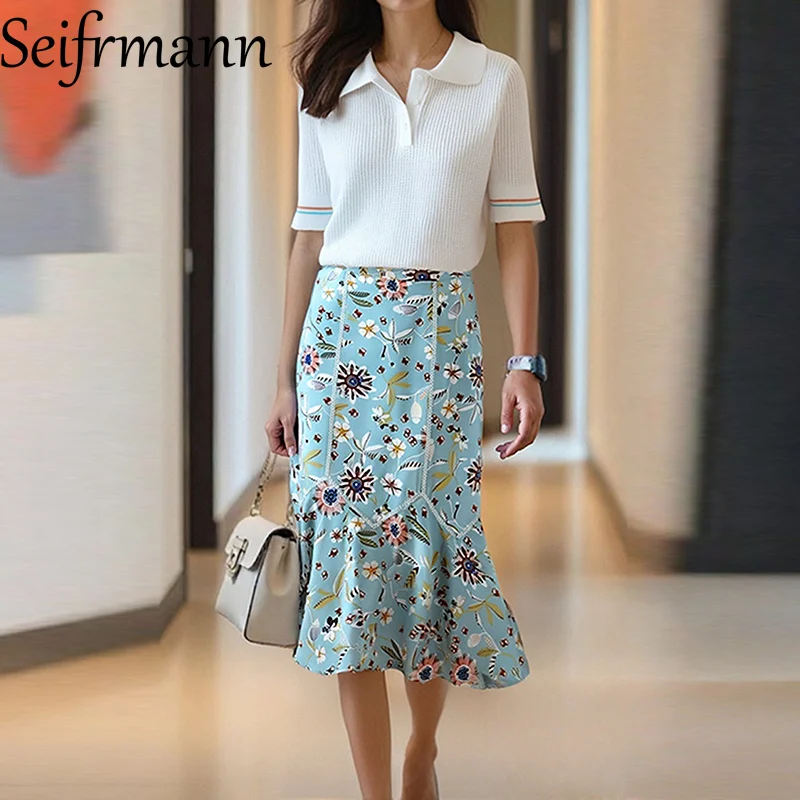 

Seifrmann elegant and charming women's summer white shirt paired with floral print fishtail skirt set for casual occasions