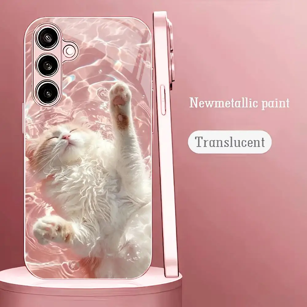 Cute cat metal paint glass phone case suitable for Samsung Galaxy S26 S25 S24 S22 S21 S20 FE/Ultra/Plus anti fall back cover