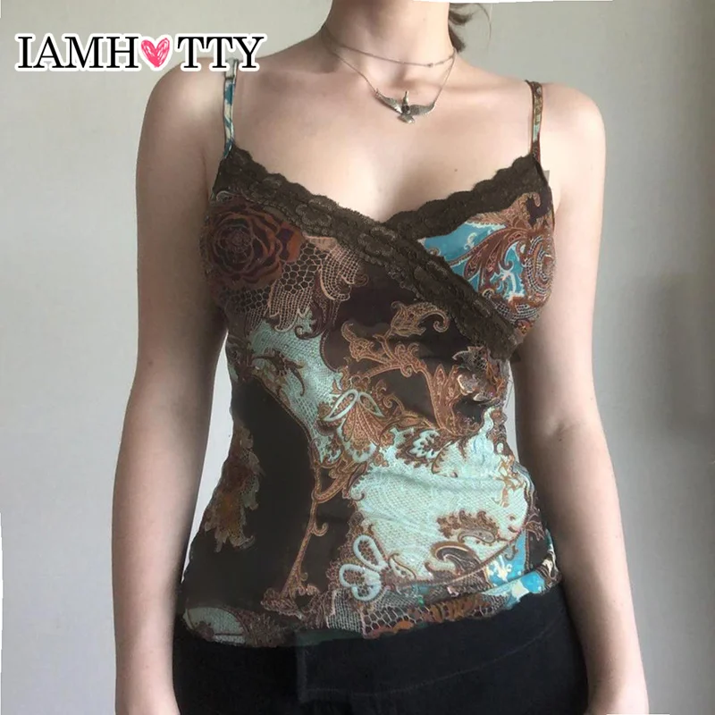 IAMHOTTY-Top corto estampado Vintage para mujer, camisola de retazos de encaje de Color contrastante, Tops estéticos ajustados con cuello en V sin mangas