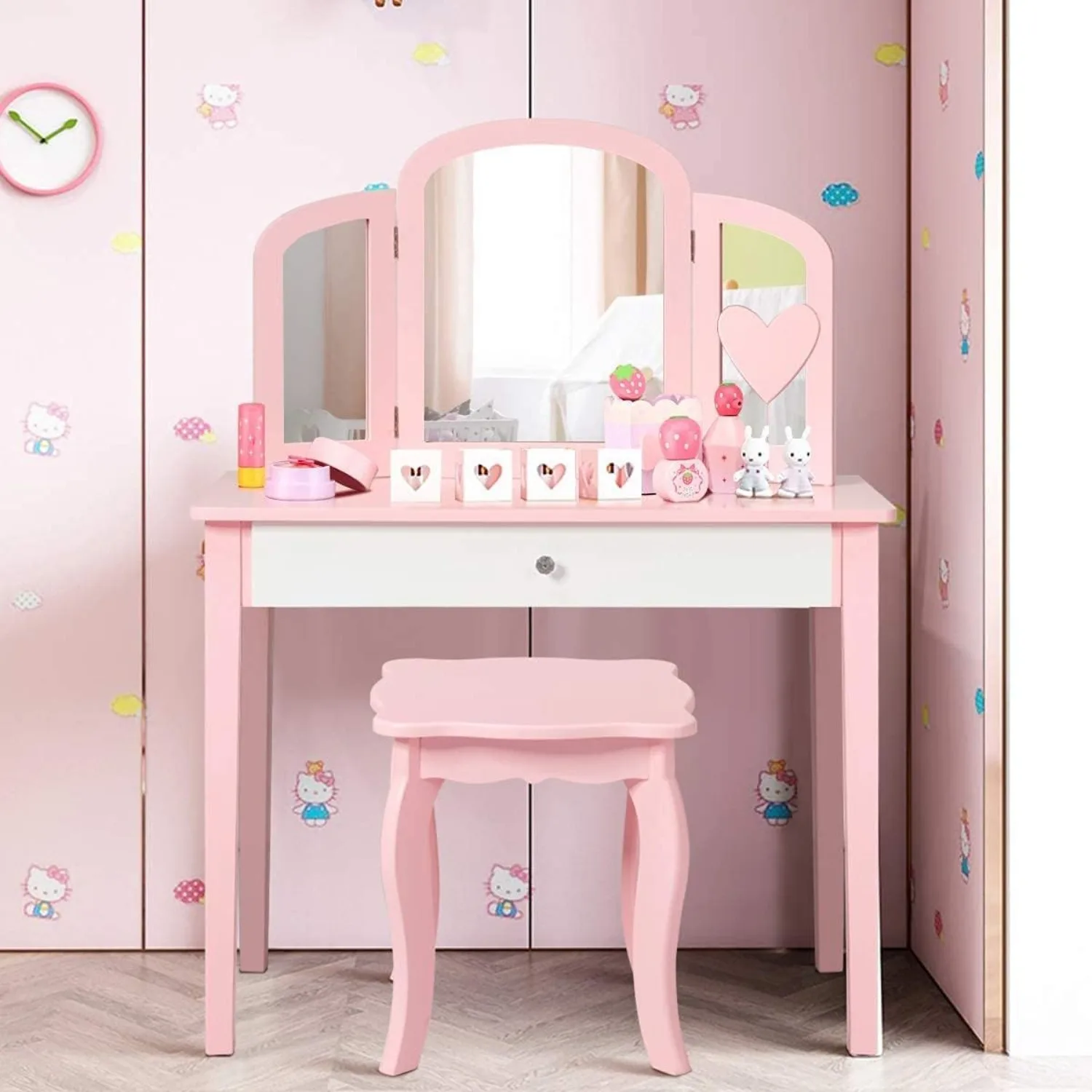 Toddler Beauty Makeup Dressing Table w/Stool & Drawer, Tri-Fold Silver Mirror, Detachable Top, Wooden Princess