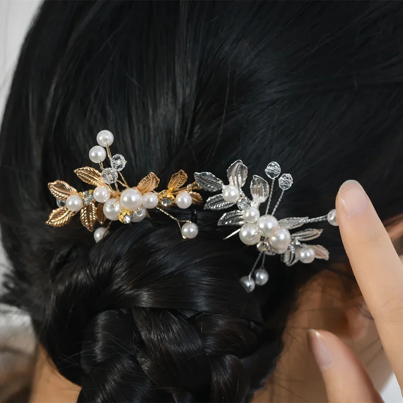 Bridal Crystal Hairpins Hair Clips for Women Metal U-shaped Leaf Pearl Hair Stick Wedding Headdress Headwear Jewelry Accessories